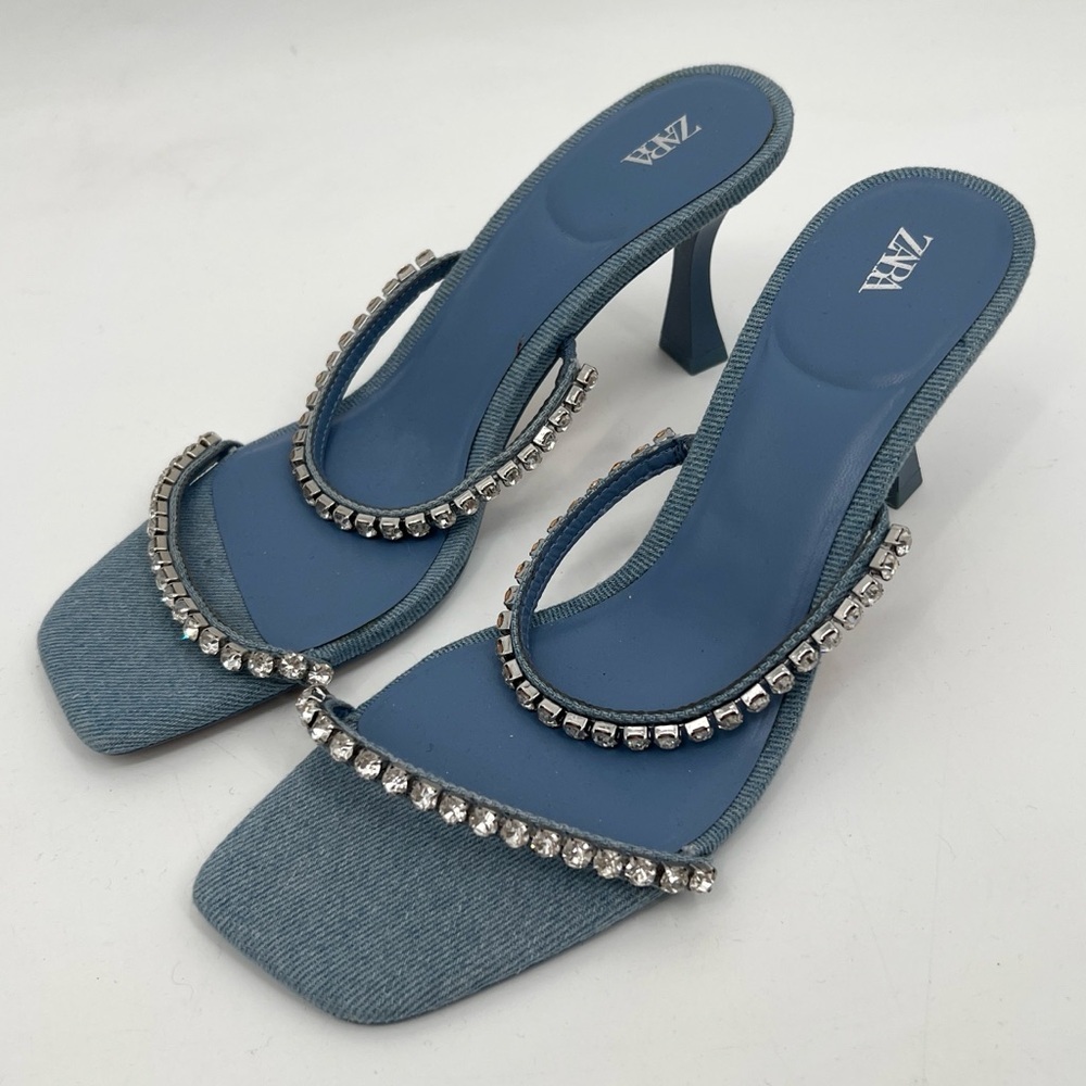 Zara denim Blue Rhinestone Slide Strappy square toed  Heels new size 39 - Picture 2 of 6